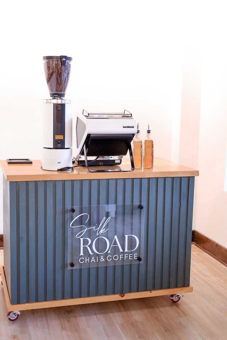 The Silk Road espresso bar cart set up indoors