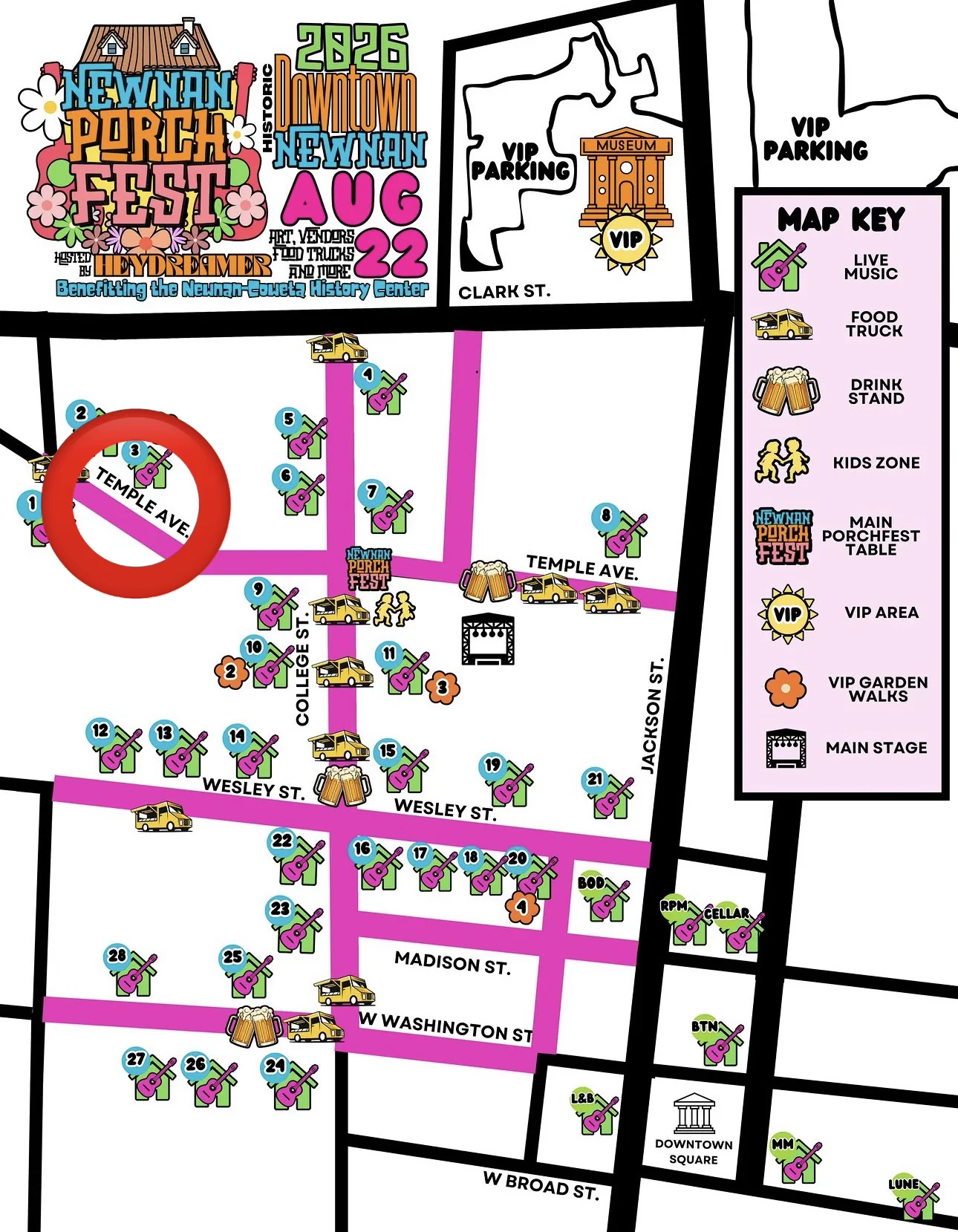 Official Newnan Porchfest 2026 map of downtown Newnan, showing numbered live-music porches, food trucks, drink stands, the kids zone, VIP areas and the main stage across Temple Ave, College St, Wesley St and Jackson St.