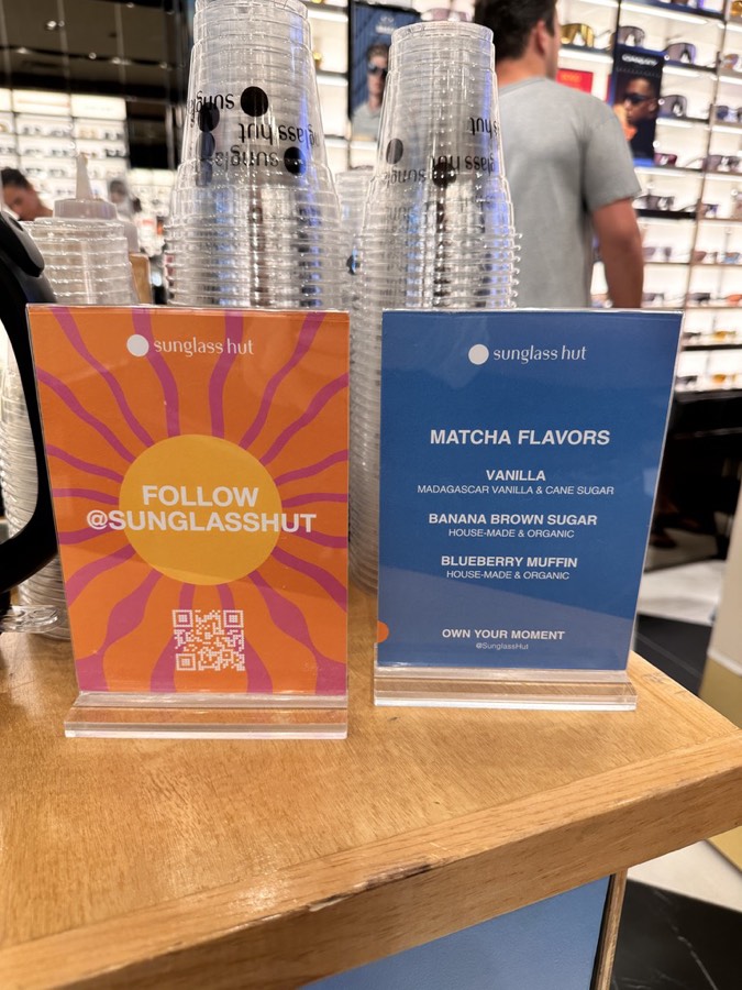 Co-branded Sunglass Hut menu cards listing the matcha flavours